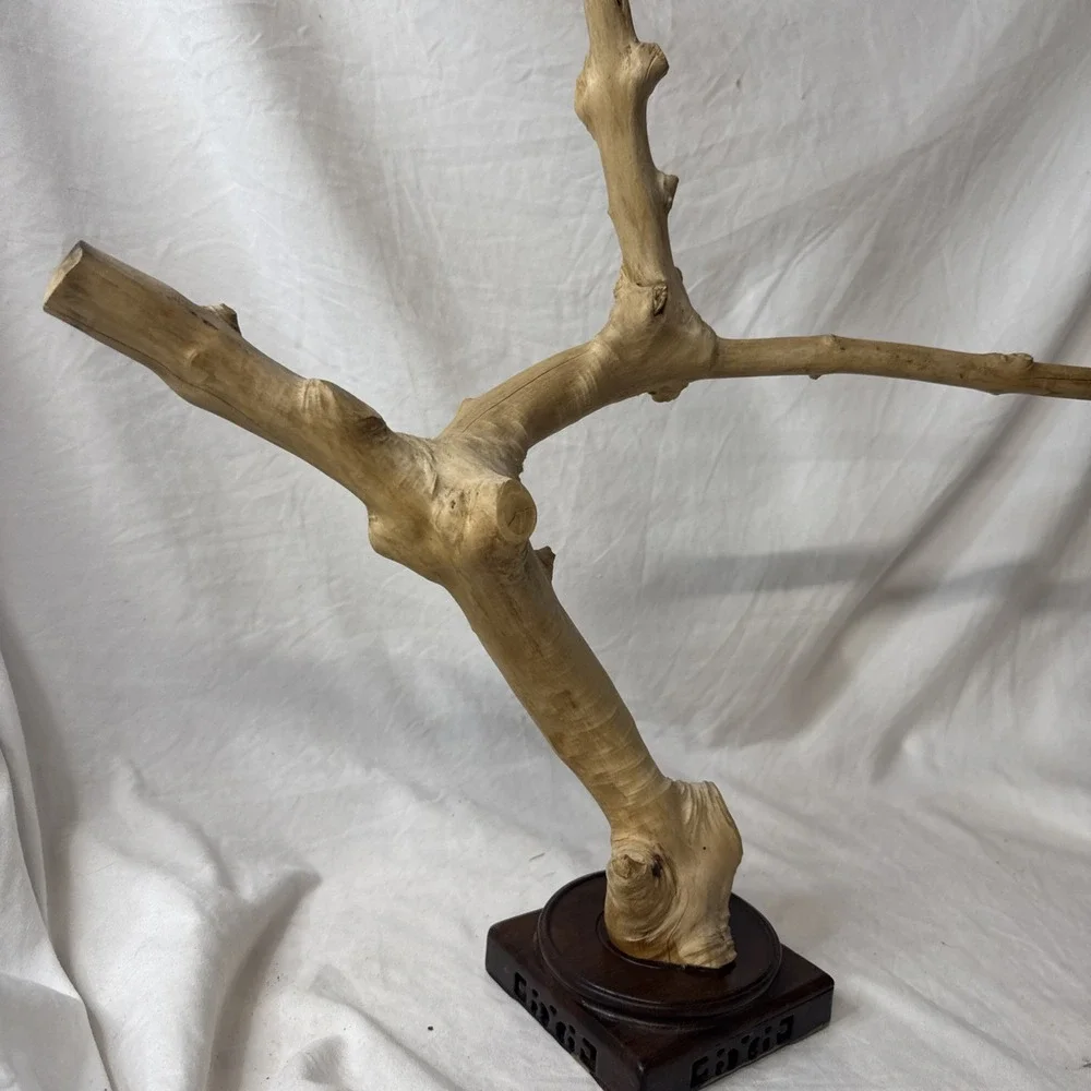Vintage Natural Wood Tabletop Bird Perch Stand Asian Style Carved Base Display
